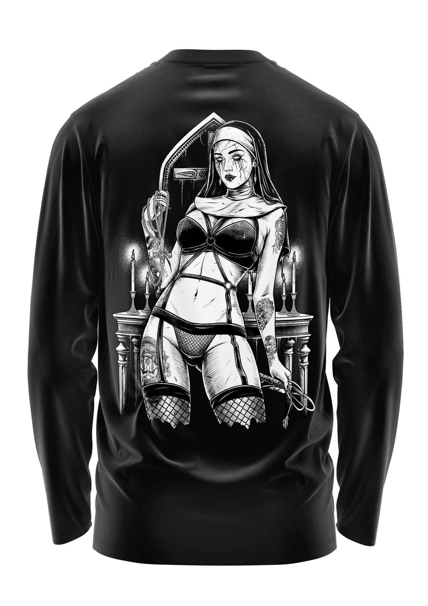 EVIL NUN Langarmshirt mit tätowierter Nonne in Unterwäsche, Peitsche und Kerzenleuchtern aus schwerem Unisex T-Shirt, biologischer Baumwolle und strapazier